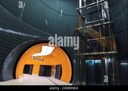 Water damage to the walls of the Marienplatz underground station in Munich. [automated translation] Stock Photo