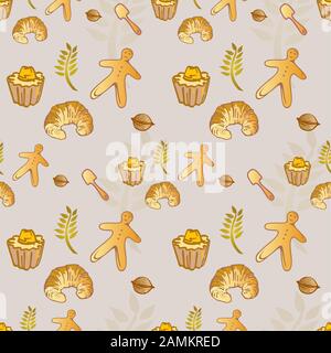 Pastry Bakery Croissant Seamless Pattern - Hand drawn Stock Vector