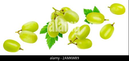 Falling green grape isolated on white background with clipping path Stock Photo
