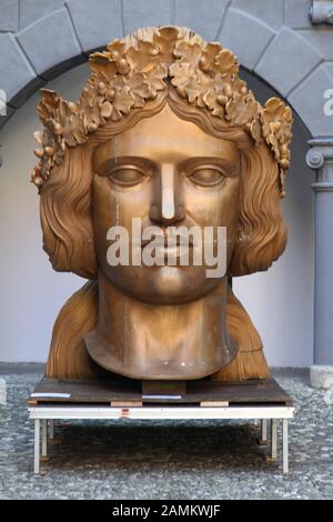 Reproduction of the head of the Bavaria, on display during an exhibition on the occasion of the 200th birthday of Ferdinand von Miller in the courtyard of the State Office for the Preservation of Monuments in the Old Mint. [automated translation] Stock Photo