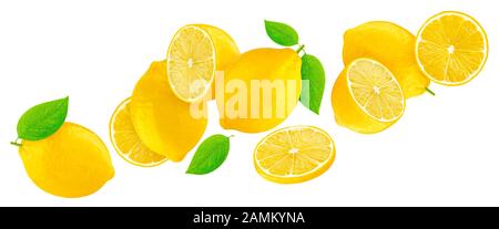 Falling lemons isolated on white background with clipping path Stock Photo