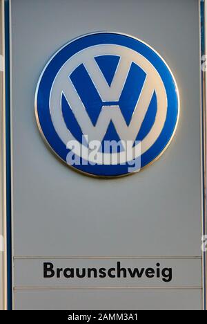 Braunschweig, Germany, January 11., 2020: Emblem of the Volkswagen company on a sign at the entrance to the VW plant Stock Photo