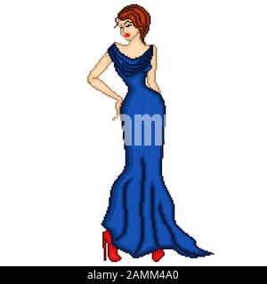 Abstract of charming and beautiful lady in blue long dress with closed eyes isolated on the white background, color pixelated illustration, can be use Stock Vector