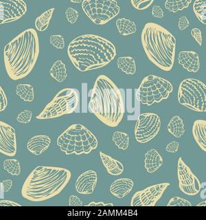 light colored seashells on a muted blue background seamless vector pattern Stock Vector