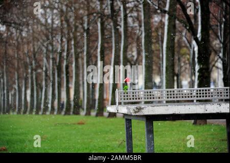 First snow in Munich in winter 2015/16: in the picture a table tennis table with red plastic rose on the Bavariaring at the Theresienwiese. [automated translation] Stock Photo