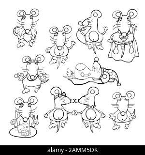Set of isolated sticker funny sweet black and white rat mouse in different emotions and actions, contour icon, vector illustration, cartoon outline ha Stock Vector