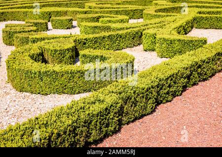 A parterre de broderie in a french formal garden, with hedges of box tree pruned in curling shapes, which ground is covered with white and red gravel. Stock Photo