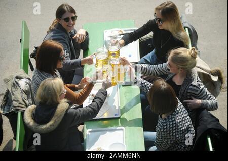 Visitors in spring in the beer garden at the Chinese Tower in the English Garden. [automated translation] Stock Photo