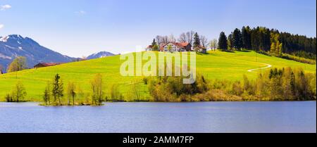Panorama landscape in Bavaria in the Allgäu near Seeg and the Schwaltenweiher [automated translation] Stock Photo