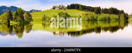 Panorama landscape in Bavaria in the Allgäu near Seeg and the Schwaltenweiher [automated translation] Stock Photo