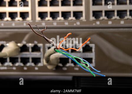 Vandalized network cables in switch hub, broken connection concept. Stock Photo