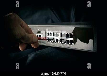 Technician plugging cat5 cable in switch - hub Stock Photo