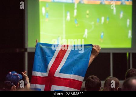 Icelandic football fans at the Public Viewing in the Augustiner-Biergarten on Arnulfstraße on the occasion of the quarter final game France - Iceland during the European Football Championship 2016. [automated translation] Stock Photo
