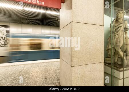 Passengers and underground train at the underground station Königsplatz. [automated translation] Stock Photo