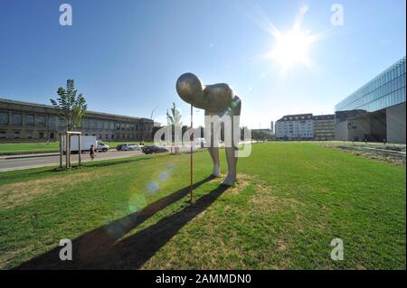 The sculpture 'Present Continuous' by Henk Visch in front of the new building of the University of Television and Film and the State Museum of Egyptian Art in Munich, on the left the Alte Pinakothek. [automated translation] Stock Photo