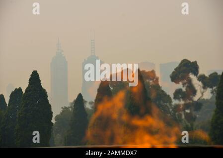 Flames and Trees from Fires with Health Hazardous Bush Fire Smoke Covering Melbourne City, Victoria, Australia Stock Photo