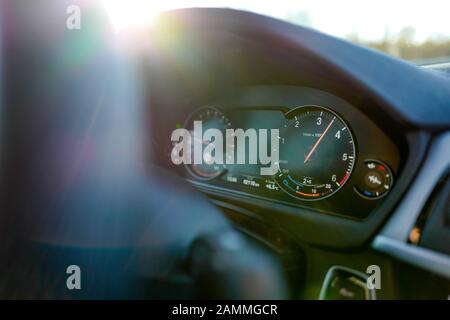 Speedometer and rev counter of a BMW vehicle, taken on the premises of the company's own test track in Aschheim near Munich. [automated translation] Stock Photo