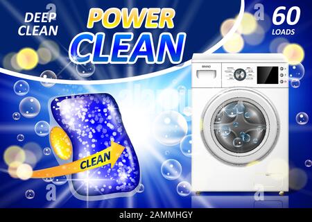 Washing machine detergent tabs ad. Stain remover banner design with realistic washing machine with clean soap bubbles. vector illustration Stock Vector