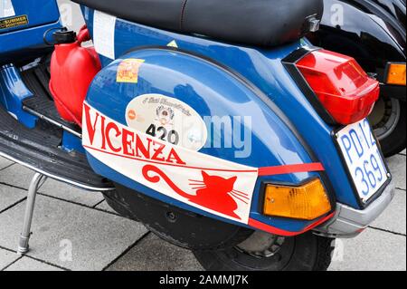 Under the motto 'Four days four countries', Munich Vespa friends will start a joint trip across the Alps at Odeonsplatz. The tour organized by the 'Vespa-Cowboys Munich' leads through Germany, Austria, Italy and Switzerland. [automated translation] Stock Photo