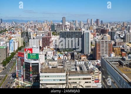 OSAKA, JAPAN - OCTOBER 16, 2019: Skyscrapper center of Tennoji district as seen from the garden terrace of Abeno Harukas. Osaka. Japan Stock Photo