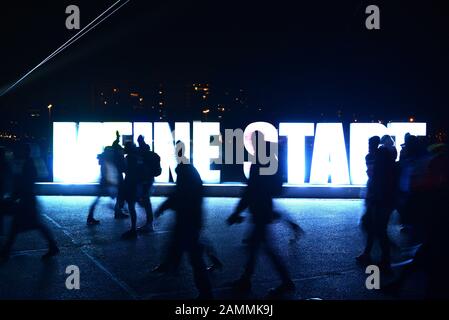 Illuminated lettering 'My Town' on the nightly Tollwood Winter Festival on the Theresienwiese. [automated translation] Stock Photo