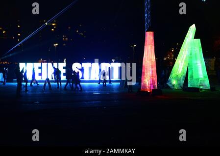 Illuminated lettering 'My Town' on the nightly Tollwood Winter Festival on the Theresienwiese. [automated translation] Stock Photo