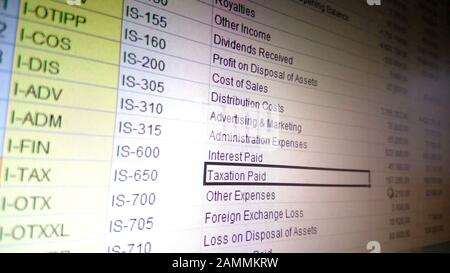 Electronic spreadsheet with information on taxation paid, financial report Stock Photo