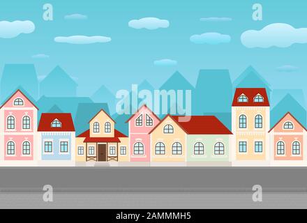Street with colored houses. Old european city view Stock Vector