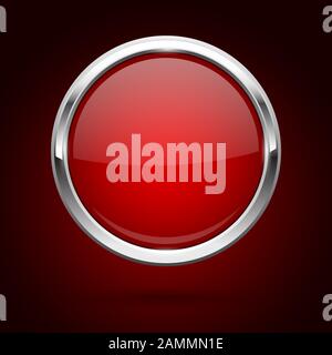 Red glass button with metal frame. Round icon on dark red background Stock Vector