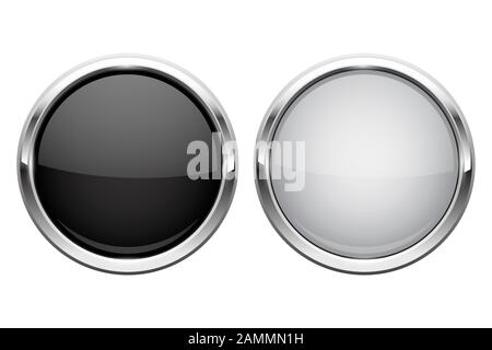 Push buttons. Glass round icons with chrome frame Stock Vector
