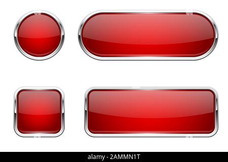 Web buttons. Red shiny icons with chrome frame Stock Vector