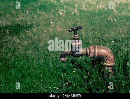 old outdoor garden faucet / tap in lawn. Stock Photo