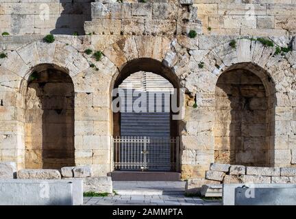 Odeon of Herodes Atticus entrance in Athens, Greece. Also known as Herodeion is a stone Roman theater located on Acropolis hill slope. Stock Photo