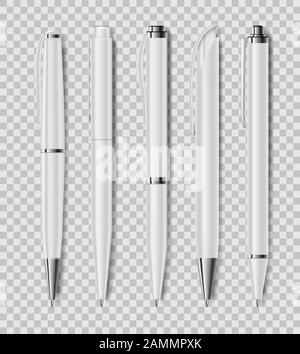 Set of office white pens isolated on transparent background. Office stationery, realistic pen. Vector illustration Stock Vector