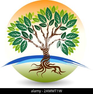 Green earth logo design with tree leaf globe vector icon design ...