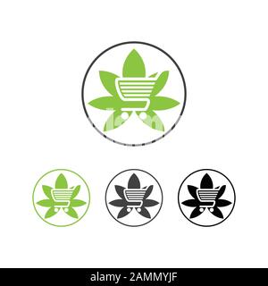 Shopping cart with marijuana or cannabis leaf icon isolated on white background. Online buying. Delivery service. Supermarket basket. Logo design temp Stock Vector