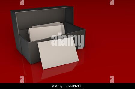 3d rendering of box with business cards on red glass background Stock Photo