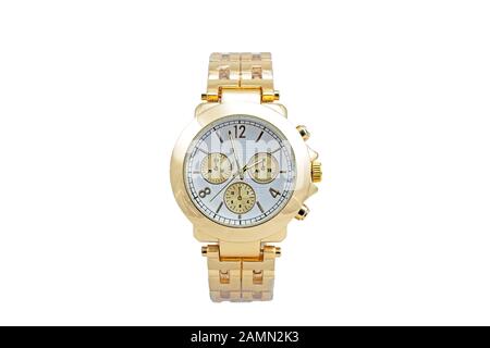 Men's gold colored wristwatch, classic round shape, with metal strap, white clock face dial and chronometer - timer functions. Isolated on white. Stock Photo