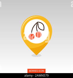 Cherry with leaf pin map icon. Cherry fruit sign. Map pointer. Map markers. Vector illustration for food apps and websites Stock Vector