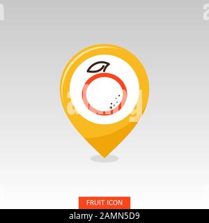 Orange with leaf pin map icon. Orange citrus fruit sign. Map pointer. Map markers. Vector illustration for food apps and websites Stock Vector