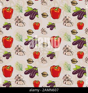 Seamless Vegetables Pattern - Pepper, Eggplant, Garlic and Walnut Illustrations Stock Vector