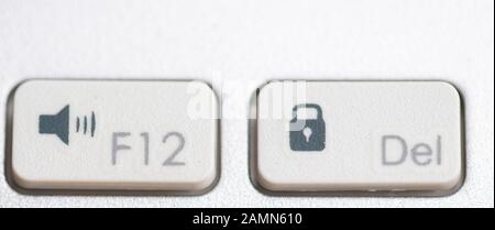 two buttons close up computer white keyboard, function, F12 function and Del button use for operation program control Stock Photo