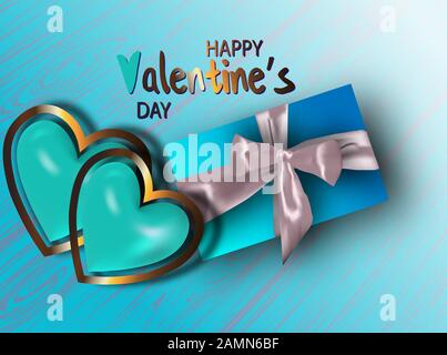 Happy valentines day. Valentine couple. Realistic blue heart in a metal frame. Realistic satin bow gift box. Greeting card, gift poster, holiday banne Stock Vector