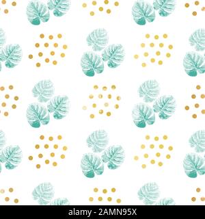 Monstera palm leaves green and gold foil dots seamless vector background. Tropical leaf pattern. Exotic nature repeating backdrop. Philodendron plant Stock Vector