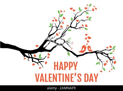Tree branch with hearts, leaves and love birds, vector illustration for Valentines day cards, wedding invitation Stock Vector