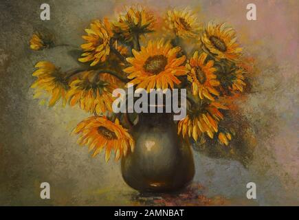 Picture depicting sunflowers. Oil painting. Abstract still life of sunflowers in a vase. A bouquet of yellow flowers. Stock Photo