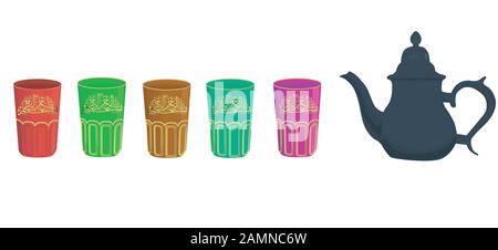 vector illustration of a set of moroccan teapot and traditional and colorful tea cups. Stock Vector