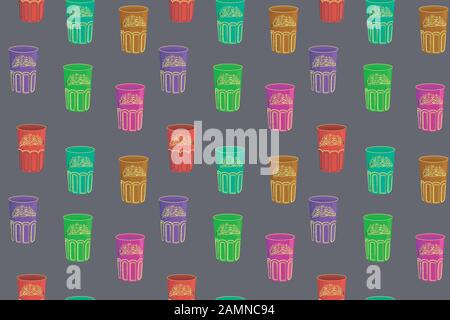 seamless vector pattern of a set of moroccan tea cups , traditional and colorful tea cups on a grey background. Stock Vector