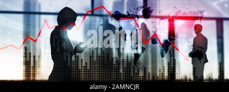 Chart with red down arrow on abstract background. Falling growth in business Stock Photo