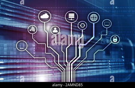 Telecommunication concept. Binary code on large data center background. Technology wallpaper Stock Photo